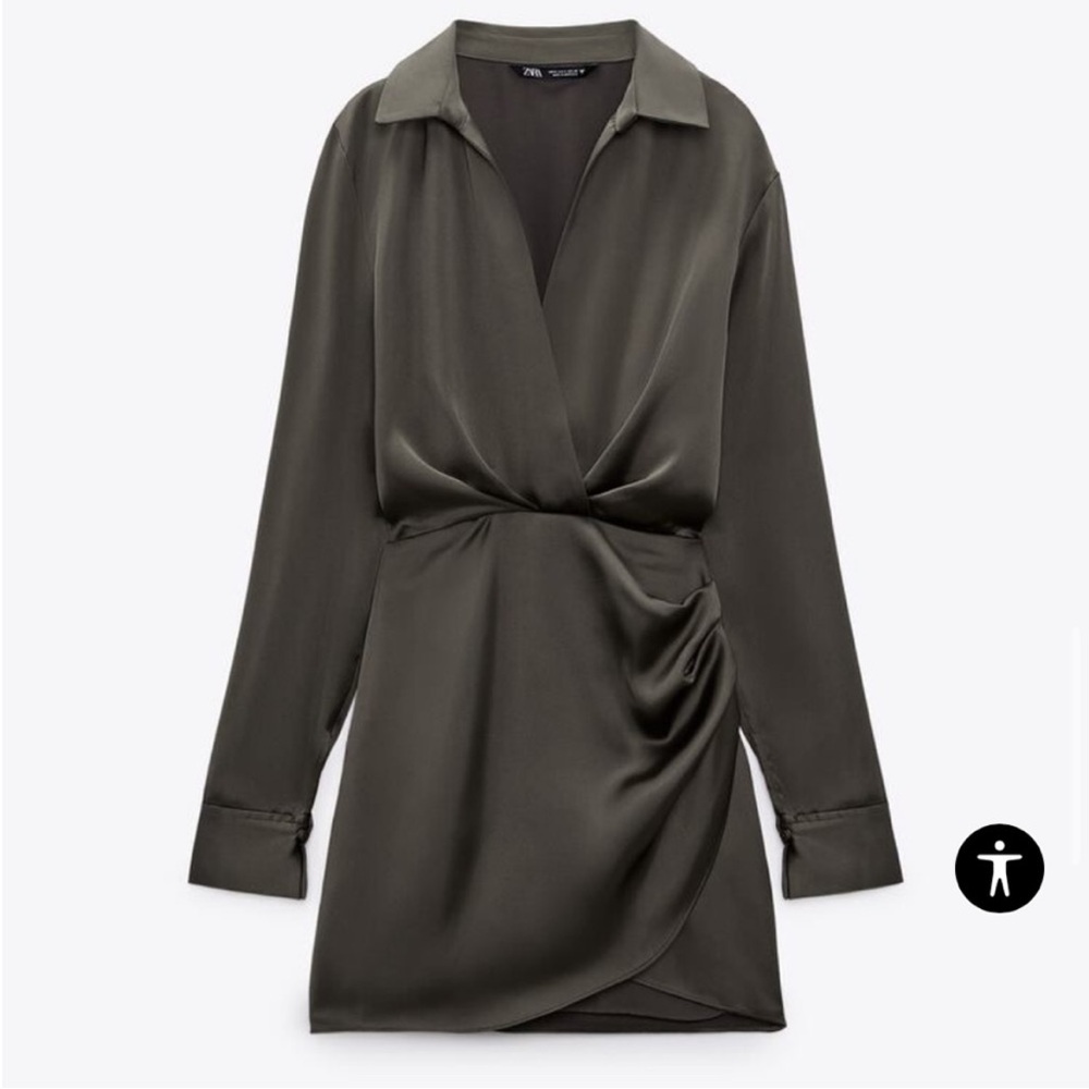 NWT Zara Satin Shirt Dress Olive Green size Medium